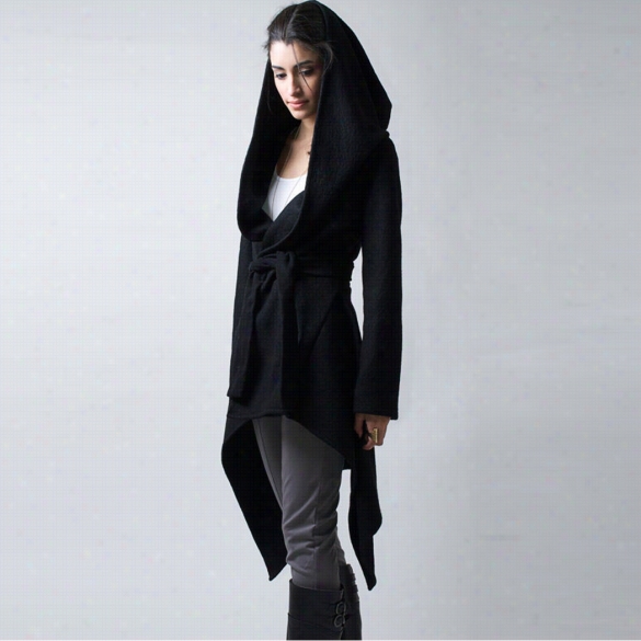 Stylish Wome Casual Hooded Cardigan Coat Belted Asymmetrical Long Hoody Jacket