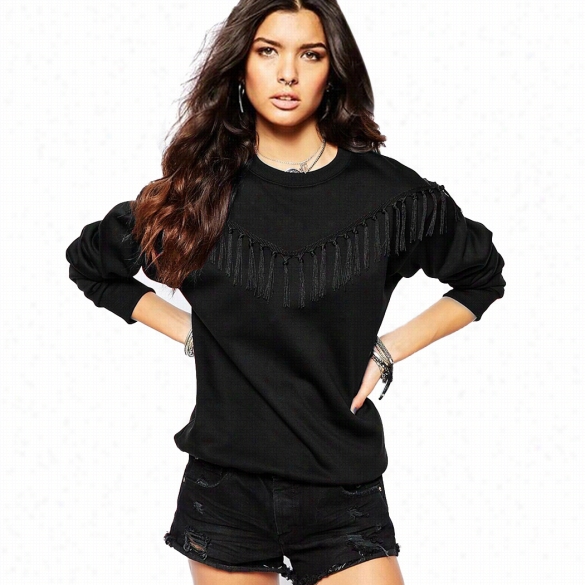 Stylish Women Hoodie Sweatshirt Casual Tassel Long Sleeve Looose Upllover Top