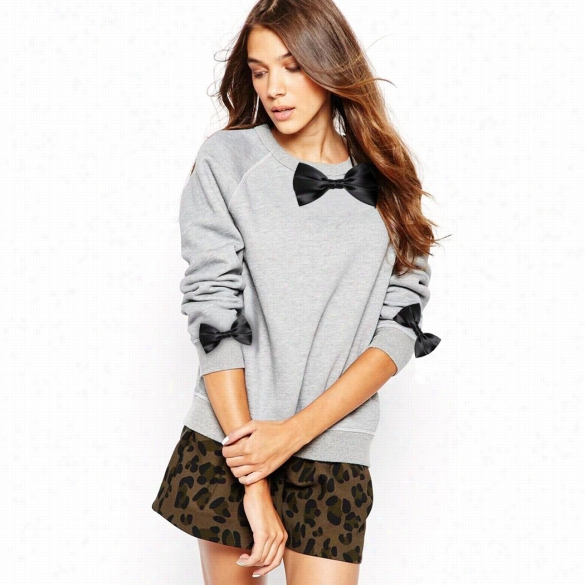 Stylish Women Loose Casual Sweatshirt O-neck Long Sleeve Bow Deco Hoodie Pullover Top