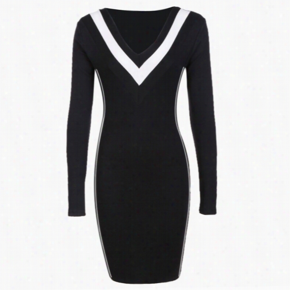 Stylish Women Ol Style V Neck Long Sleeve Casual Splicing Slim Bodycom Paint Dress