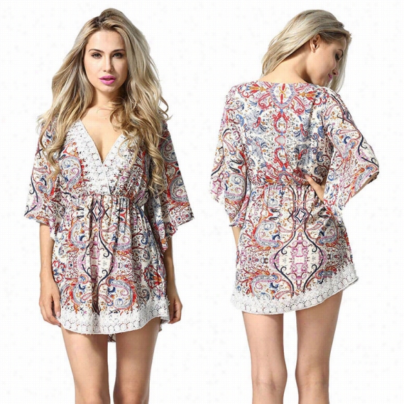 Summer Beach Casual Women V-neck Lace Splixe High Waist Print Mini Dress