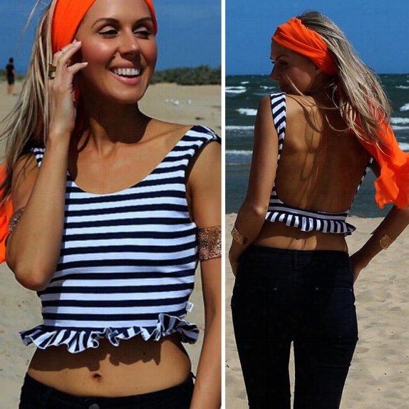 Summer Beach Women O-neck Sleeve Stripe Backless Stretch Tank Crop Tops