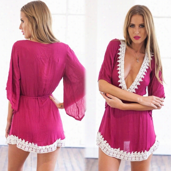 Summer Fashion Women Girls Deep V Collar Embroidered Bell Sleeve Mini Dress