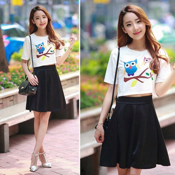 Summer Women O Neck Animal Pattern Top Black Short Pleated Skirt 2 Pcs Set