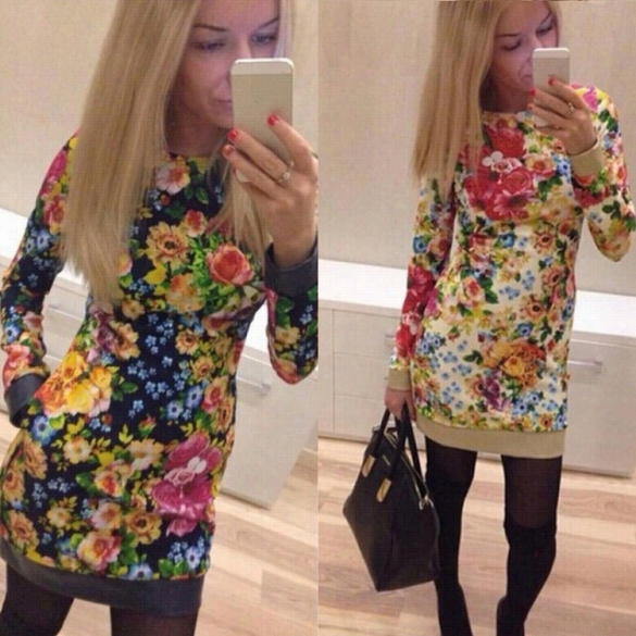Vintae Style Women O-neck Long Sleeve Dress Bodycon Stretch Florwlm Ini Dress