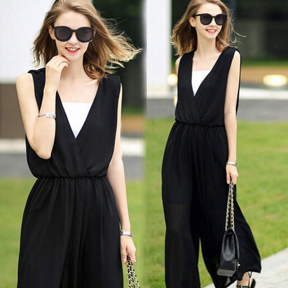 Women Fashion Casual Loose Chiffon V Neck Sleeveless Elasttic Waist Solid Long Jumpsyiy With Tube Tops