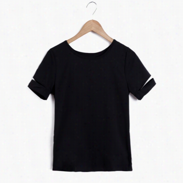Women Fashion Casual Roud Neck Short Sleeve Irregular Hem Solid Basic T Shirt Tees