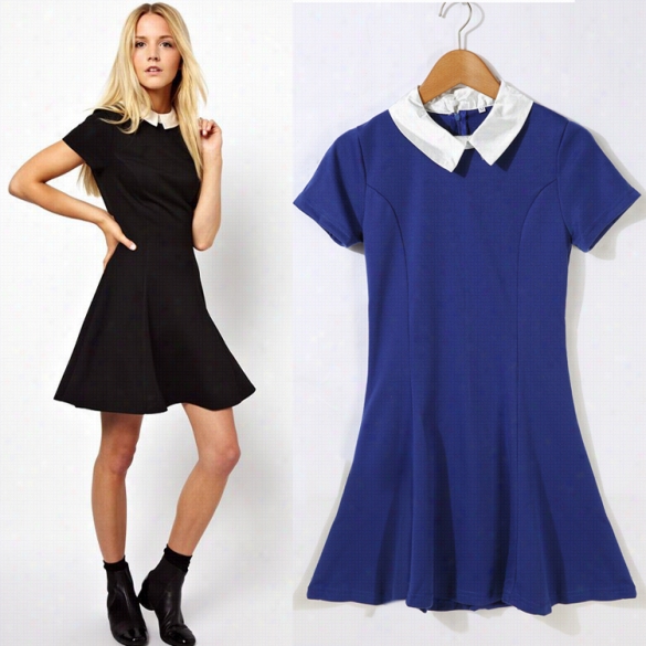 Women Fashion Casual Slim Dolll Collar Short Sleeve Patchwork Contrast Color A-line Short Mini Dess