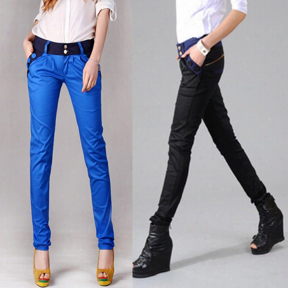 Women Fashon Korea Style Casual Slim Candy Color Contrast Color Patchwork Long Pencil Trouser Harem Pant S