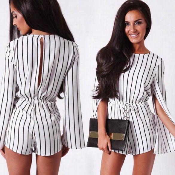 Women Fashion Sexy Casual Black White Stripe Long Sleeve Chiffon Cape Romper