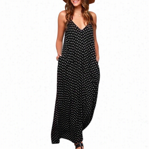 Women Fashion Sexy Casual V Neck Sleeveless Spaghetti Strao Polka Dot Summer Beach Long Maxi Dress