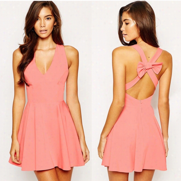 Women Fashion Sexy Deep V Neck Sleeveless Backless Remote Cross Strap Bow Solid A-line Short Dress