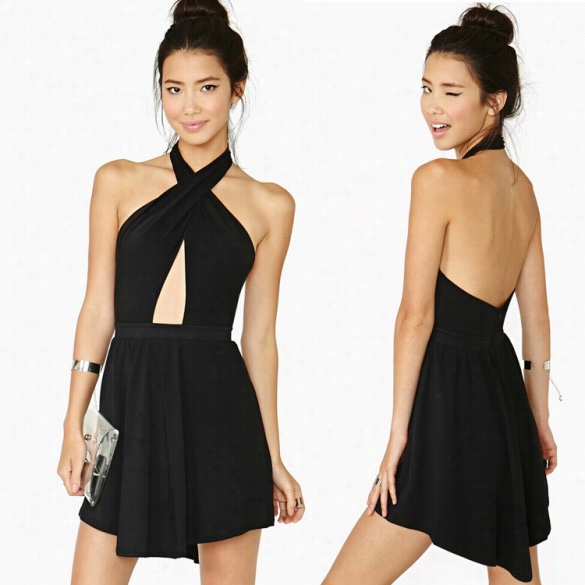 Women Fashion Sexy Sleeveless Halter Backless High Awist Irregular Solid Short Mini Dress