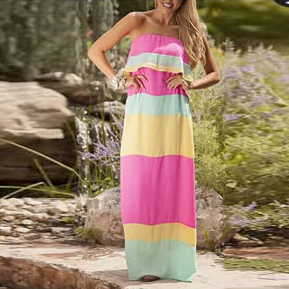 Women Fashion Sexy Strapless Sleeveless Backless Elastic Ruffle Stripe Patchwork Contrast Color Maxi Long Dress