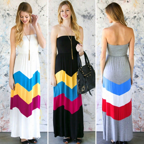 Women Fashion Sexy Strapless Soeeeveless Backless High Waist Wave Stripe Contrast Olor Maxi Long Dress