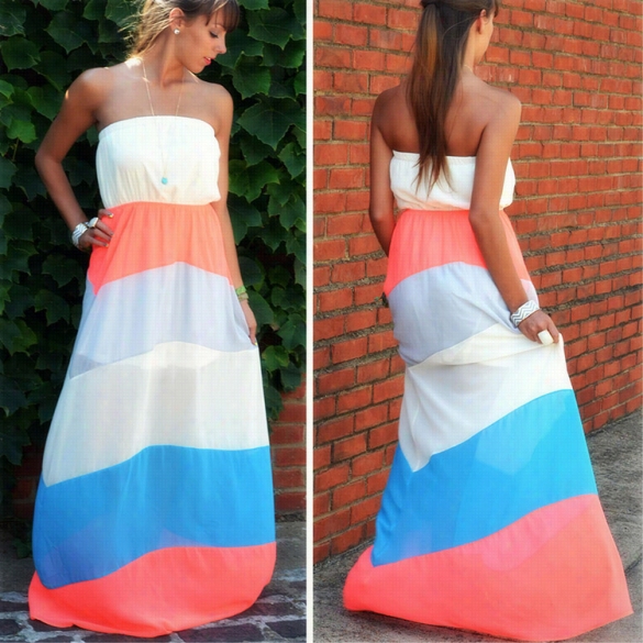 Women Fashion S Exy Strapless Sleeveless Backless Stripe Patchork Contrasst Color Maxi Long Dress