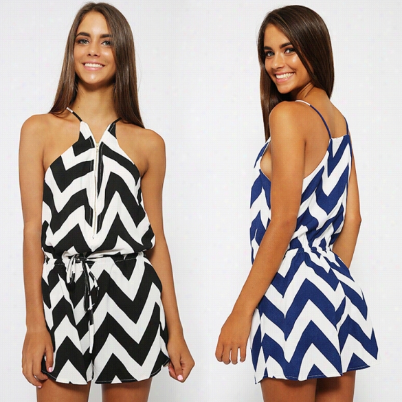 Women Fashion Sexy V Neck Sleeveelss Strap Backless Wave Stripe Short Playsuitjumpsuit