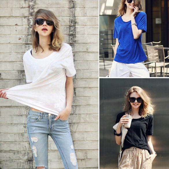 Women Korean Sytle Summer T Shirt Casual Loose Round Neck Short Sleeve Solid Tops
