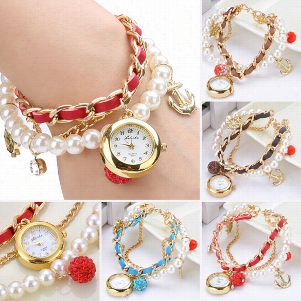 Women Lady Bracelet Rhinestone Watches Analog Clock Rudder Anchot Wrist Watches