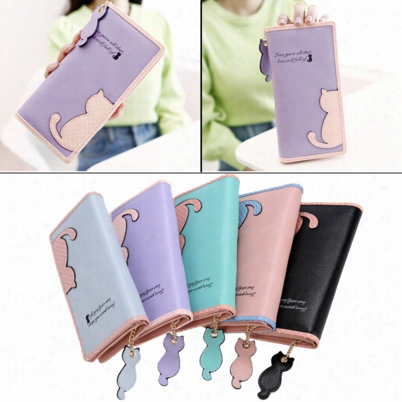 Wom En Lady Girls Cute Ca T Design Mobile Sack Card Holder Grasp Long Purse Wallet