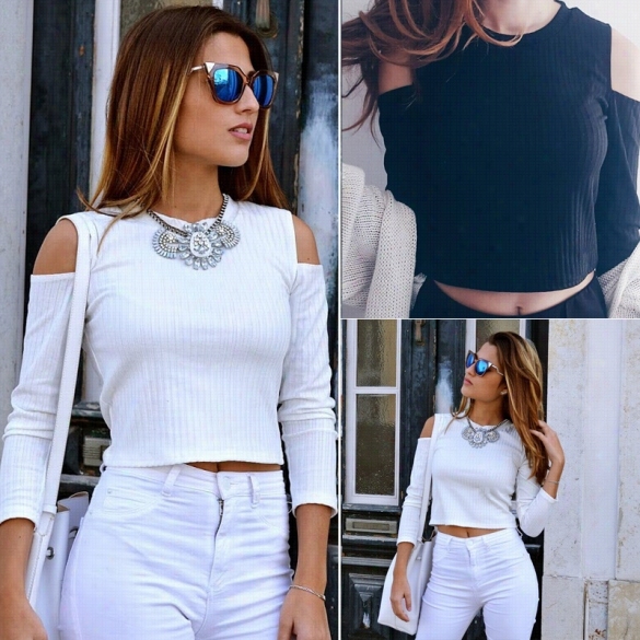 Women Sexy Off Shoulder L Ong Sleeve Stretch Short Sweater Rcop Tops Kjitwearblouse