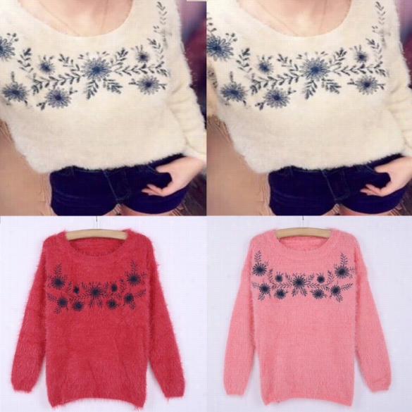 Women's Autumn Winter Embroidered Flowers Mohair Pullover Swetaer