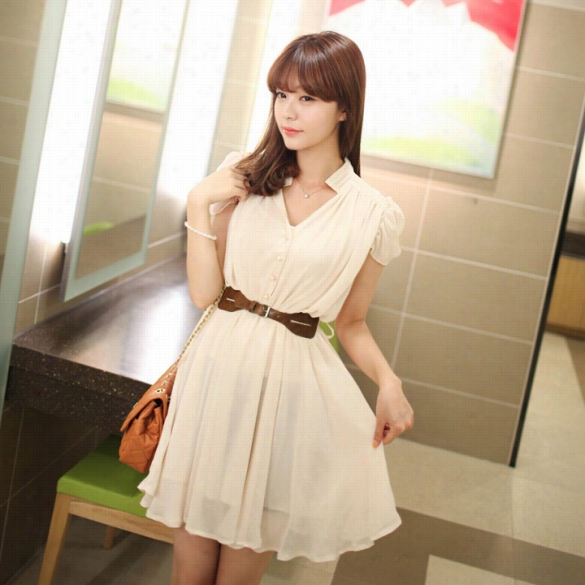 Women's Chiffon Fshion Casual Sweet Slim Sh Ot Sleeve Dress With Belt