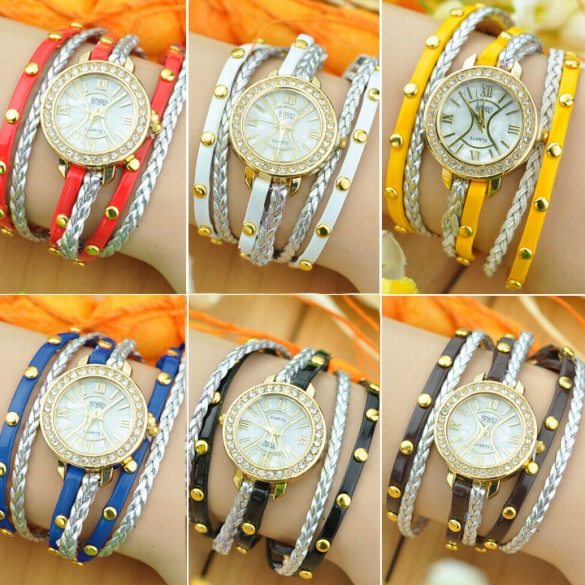 Women's Synthetic Leather Woven Prostitute Stylish Watches Golden Shell Rivet Quartz Wrist Watchh