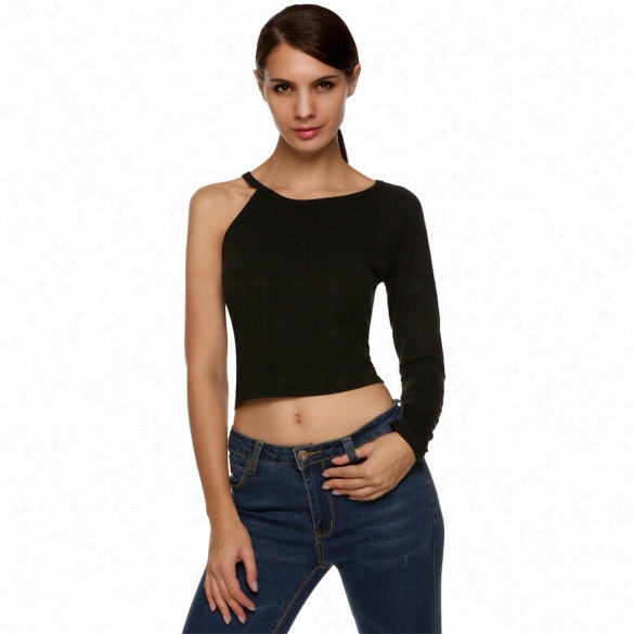 Zeagoo Stylish Ladies Women O Neck One Long Sleeve Short  T- Shirt Casual Sexxy Solid Crop Top