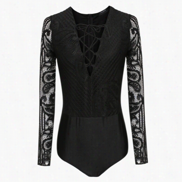 Zeagoo Women Fashion Sexy One P Irce Deep V Neck Long Sleeve Bondage Hollow Lace Patchwork Stretch Solid Bodysuit