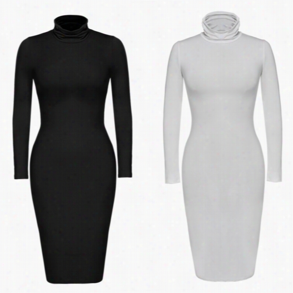 Zeagoo Women Sexy Turt Lnec Klong Sleeve Solid Bodycon Stwrch Dress