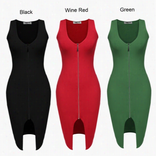 Zeagoo Women Sexy V-neck Sleevelesd Front Zip Up Bodycon  Strecth  Dress