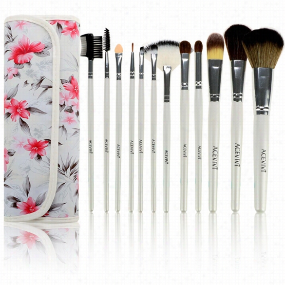Acevivi Fashion Women's Professional 12pcs Mellifluous Cosmetic Tool Makeup Brush Set Kit With Floral Printed Pouch