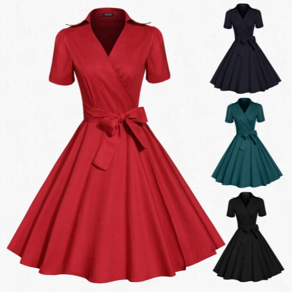 Acevog Women Casual V-n Eck Hsort Sleeve Solid Vintage Style Swing Dress Iwth Belt