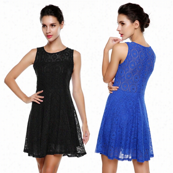 Angvns Lady Owmen Fashion Sleeveless O--neck Sexy Pleated Slim Mini Lace Dress