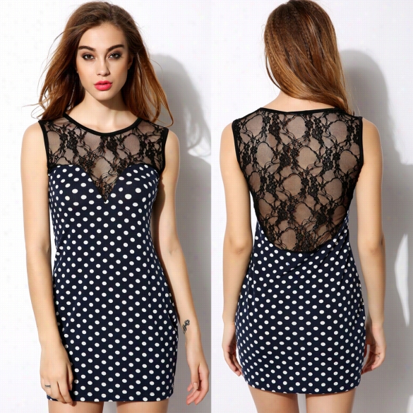 Angvns Women Casual O-neck Sleveless Lace Patchwork Dots Mini Sexy Bodycon Dress