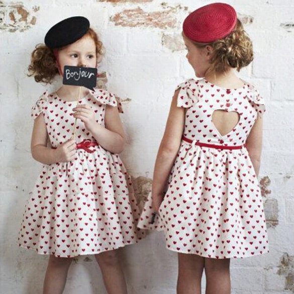 Baby Children Girl Fashion Round Eck Sledveless Backlesz Heart Print Bow A-lie Dress With Sash