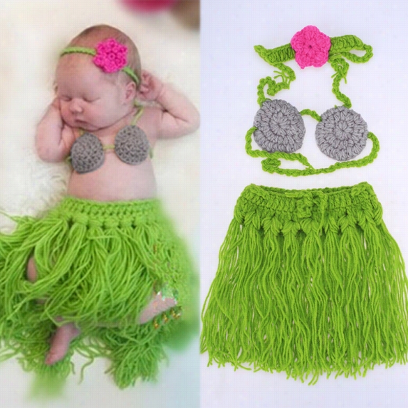 Baby Girl 3 Pieces Photo Prop Costume Photography Prop Knitted Crochet Headband Bra And Skirt Set