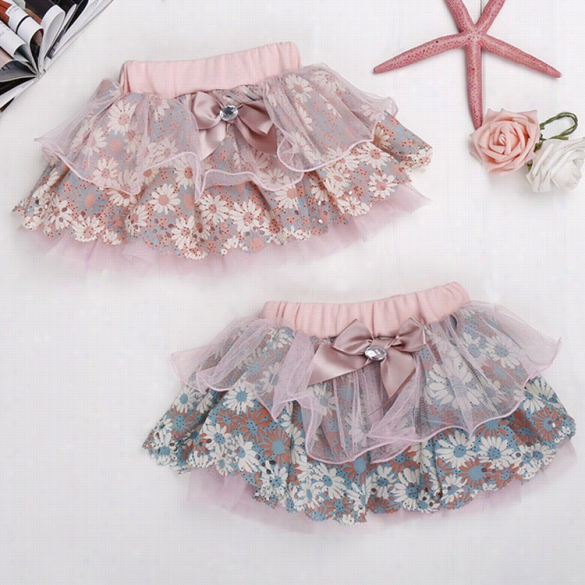 Baby Kids Girl Fashion Cute Bow Net Yarn  Sweet Floral Prrnit Layered Tutu Skirt