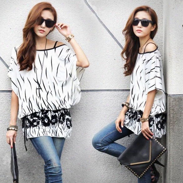 Best Sale Korean Style Women Casual Fashioon Loose-fitting Batwing Sleeeve O-neck Sxey Lines Floral Printed Long T-shirt