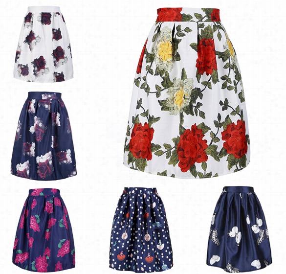 Bests Ale New Fashion Stylish Women European Retro Style Knee-length Floral Bubble Puff Printed Pleated Skirt