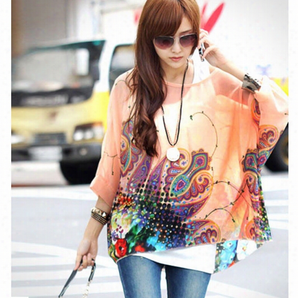 Best Sale New Summer Women Batwing Sleeve Chiffon Blouse Casual Loose Floral Shirt Tops Oversized