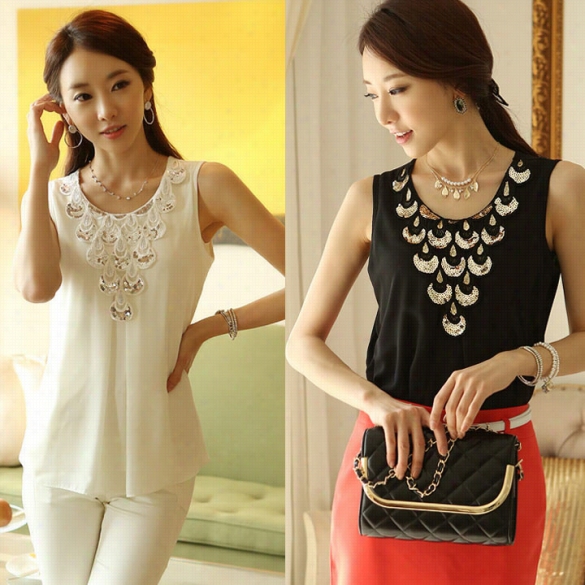 Best Salee Stylixh Lady Fashion Women's Casual Sleebeless O-neck Sequined Tank Ttop Vest Tops