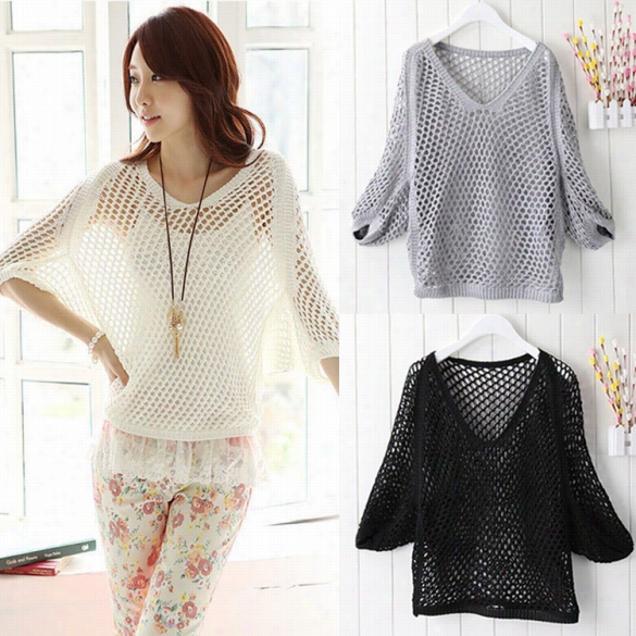 Casual Loose Knit Abt Sleeve Hollow Out Sweaters Tops Coveru P Beach Wear