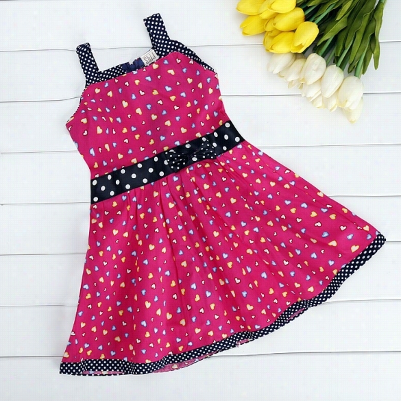 Cute Kids Girl Heart Print Sleeveless Tank Dess Bowknot Partysundress