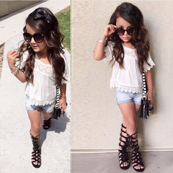 Cute Kids Girls Two Pieces Clothing Set Hollow Out Lace Hem Patchwork Casual T-shirt Ad Shors