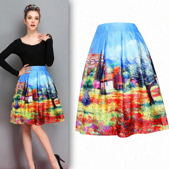 Erop Ean Amemrican Fashion Lady Women's Retro Print Frilly Colorful A-lin E Skirt