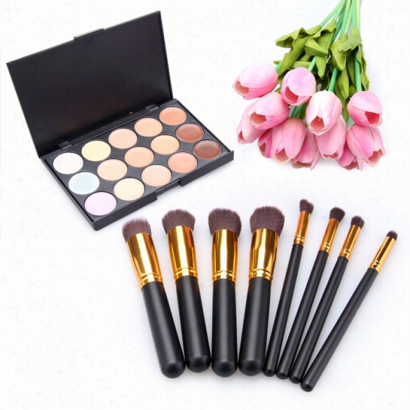 Fashiion 15 Coolrs Contour Face Creeam Makeup Concealer Paalette With 8pcs Powder Brushes