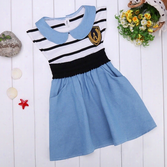 Fashion F Ashion Baby Girls Peter Pan Collar High Wist Adjust A-line Pleated Pocket Dress