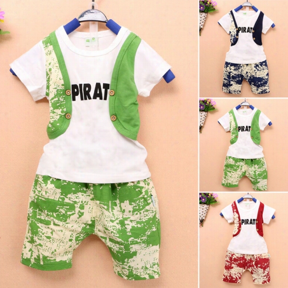 Form Kids Boy Weaar Korea Two Pieces Short Sleeve False Two-pieces Vest T-shirt And Pants Set